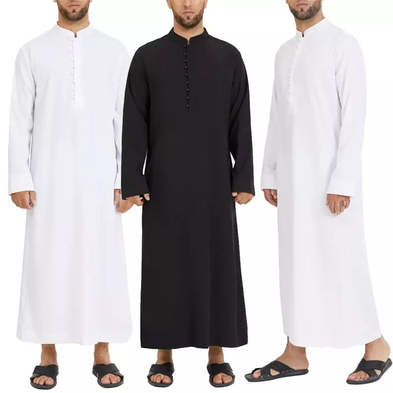 무슬림 남성용 캐주얼 루즈 로브, 이슬람 아라비아 아바야 주바 두바이 단색, 용수철 얇은 칼라 단추 롱 셔츠 M-3XL