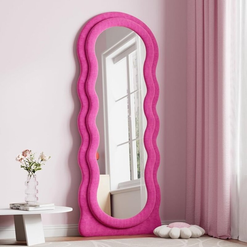 Cermin panjang penuh, 63 "x24" tidak beraturan bergelombang besar cermin lantai terpasang di dinding, berdiri bergelombang bingkai kayu untuk cermin merah muda