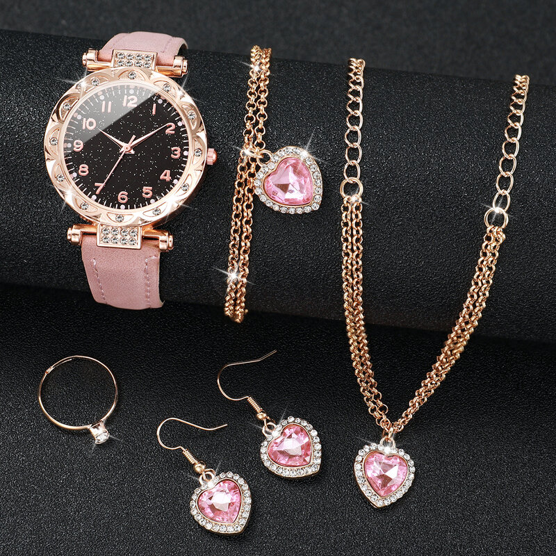 6pcs/set Fashion Women Leather Band Quartz Watch & Love Heart Jewelry Set