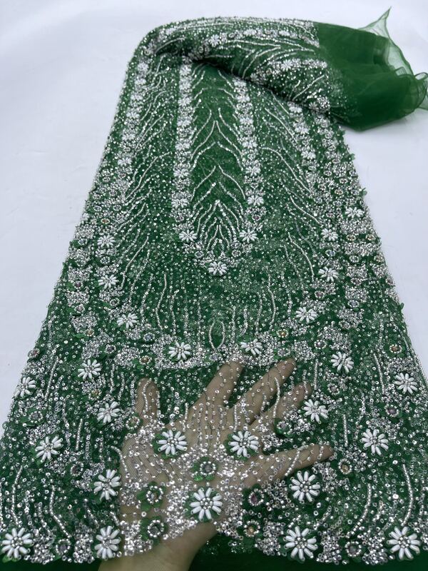 結婚式のドレス用のスパンコールレース生地、エレガントなフレンチメッシュ、ビーズの刺embroidery、アフリカとナイジェリア、ゴールドのファッション、2024