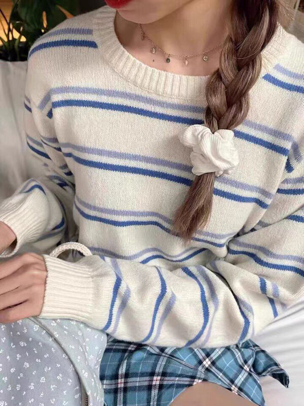 Suéter de malha com listras azuis femininas, gola redonda, manga comprida, casual, pulôver bonito, Harajuku, estilo preppy, doce, outono