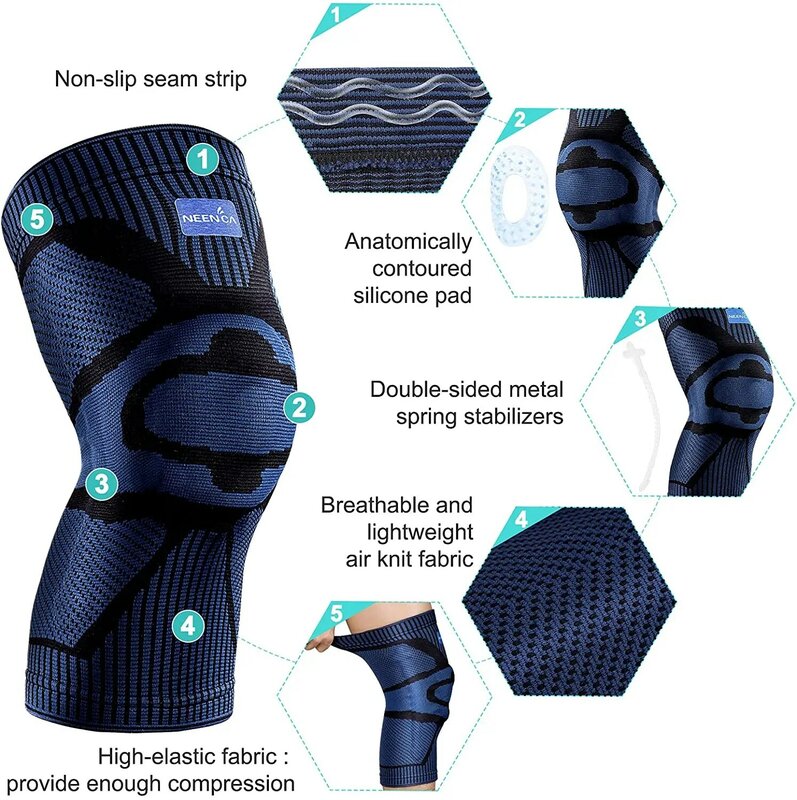 NEENCA Knee Brace Support with Side Stabilizers Patella Gel Knee Compression Sleeve for Knee Pain Meniscus Tear Injury Recovery