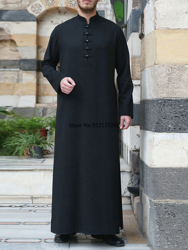 2023 موضة الربيع والصيف نمط مسلم الرجال طويلة الأكمام أسود طويل Jubba ثوب مسلم الرجال الملابس مسلم عباية