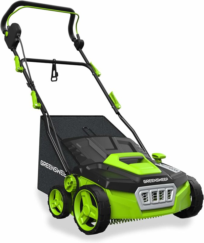 GreenSweep-barredora eléctrica de césped Artificial, rastrillo al vacío, bolsa de recolección de 45L, 5 alturas ajustables, mango plegable, V2