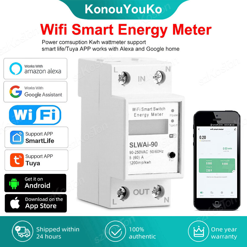 Monitor de energía inteligente con Wifi, monofásico, carril Din, medidor de consumo de energía en Kwh, compatible con Alexa y Google Home