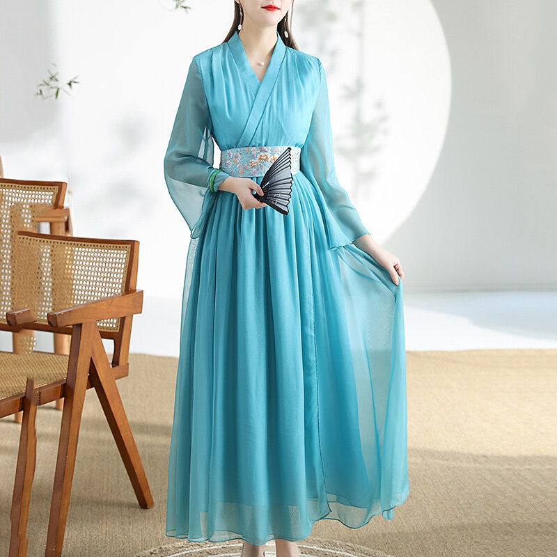 High-end Spring Summer Women Belt Dress Retro Elegant Embroidery A-line Lady Party Hanfu Dress Zen Tea Suit S-XXL