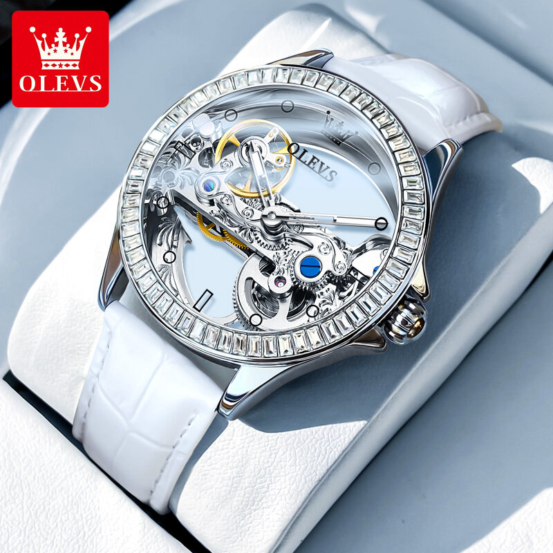 OLEVS-relojes de marca superior para mujer, Tourbillon completamente hueco, automático, Reloj de pulsera mecánico Luminoso a la moda, resistente al agua