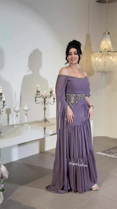 Gaun Prom Jersey manik-manik terbungkus Prom A-line Off-the-shoulder Bespoke gaun acara gaun Midi Gaun Arab Saudi