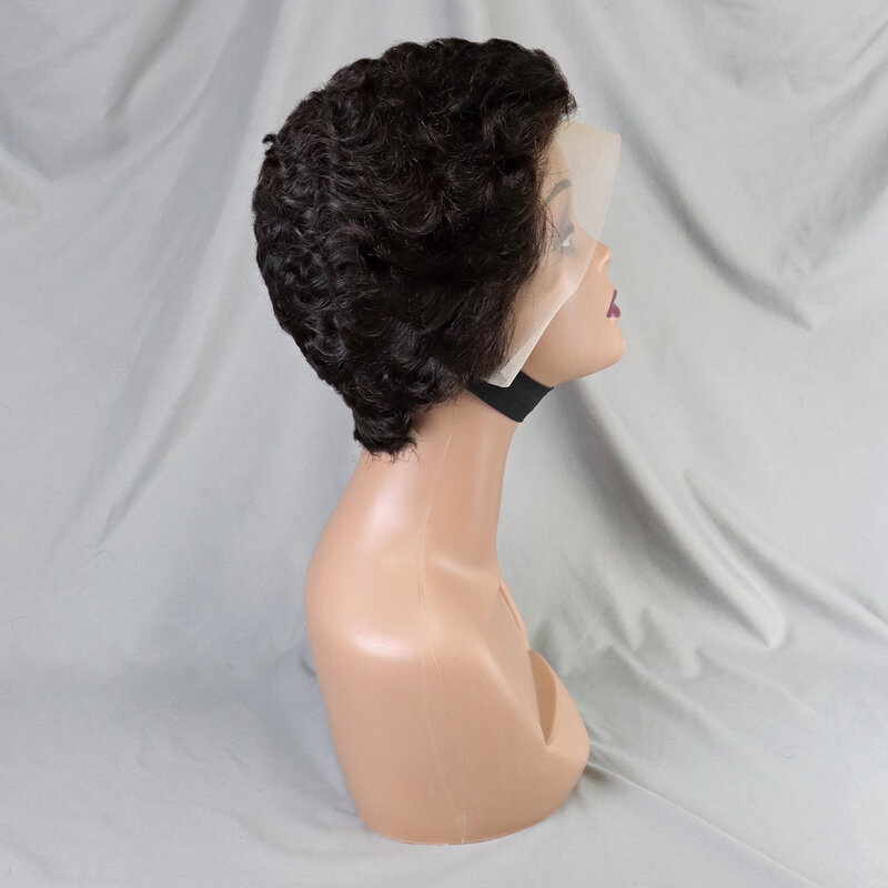Pixie Wig rambut manusia 100% keriting 13x4 Wig Bob pendek potongan Pixie Wig rambut manusia Frontal renda warna alami untuk wanita hitam