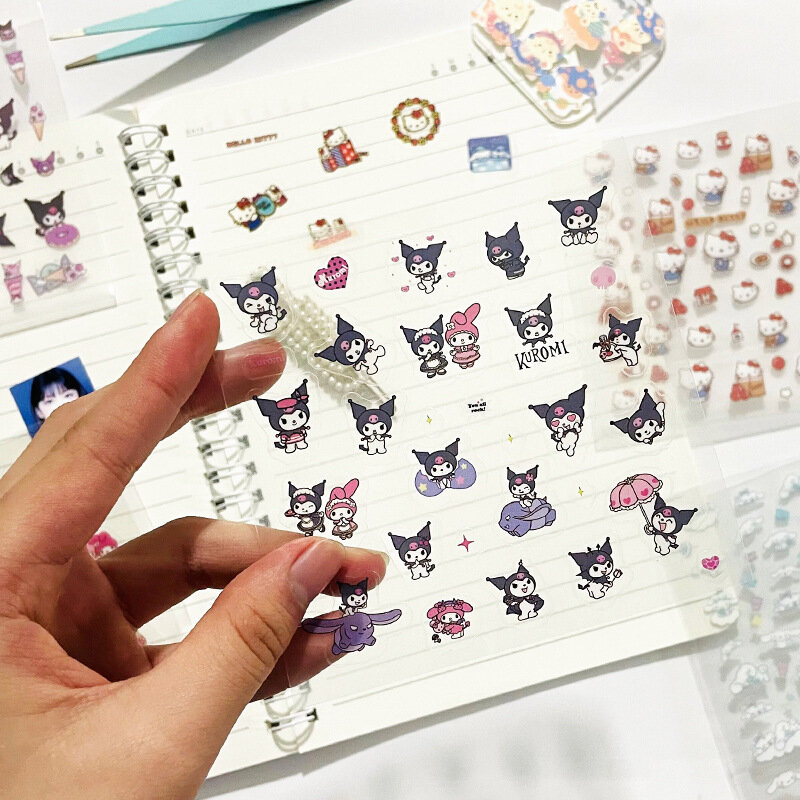 Dos desenhos animados Sanrio Transparente Adesivo, DIY Mão Conta Decoração, Adesivo Impermeável, Material Kuromi, Brinquedo Pequeno
