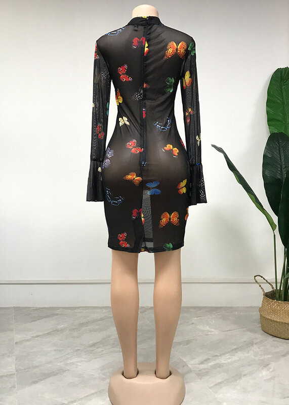 African Dresses For Women Sexy Party Dress 2022 Novelty Clothing O-neck Butterfly Print See-through Clothes Fashion New Skirt