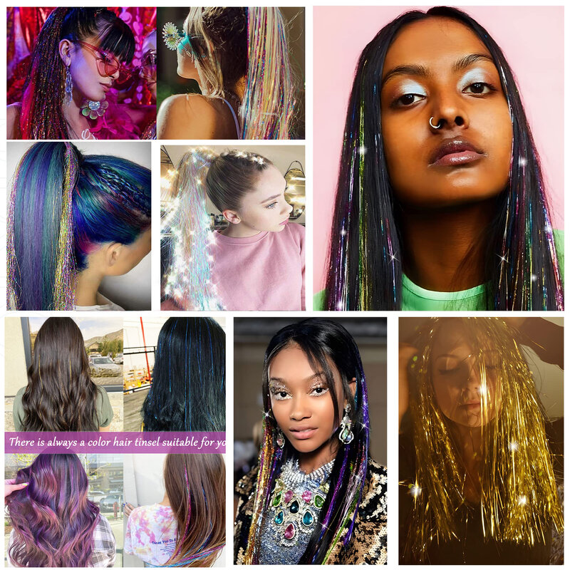 XINRAN Shiny Sparkle Hair Tinsel 100cm Thin Colorful Rainbow Silk Hair Extensions Dazzles Women Hippie for Braiding Headdress