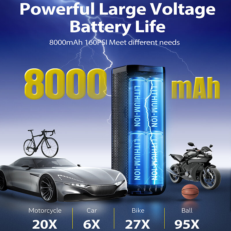 LED 램프가 있는 자동차 타이어 팽창기 펌프, 오토바이 자전거 타이어 팽창식 펌프, 공기 펌프, 8000mAh
