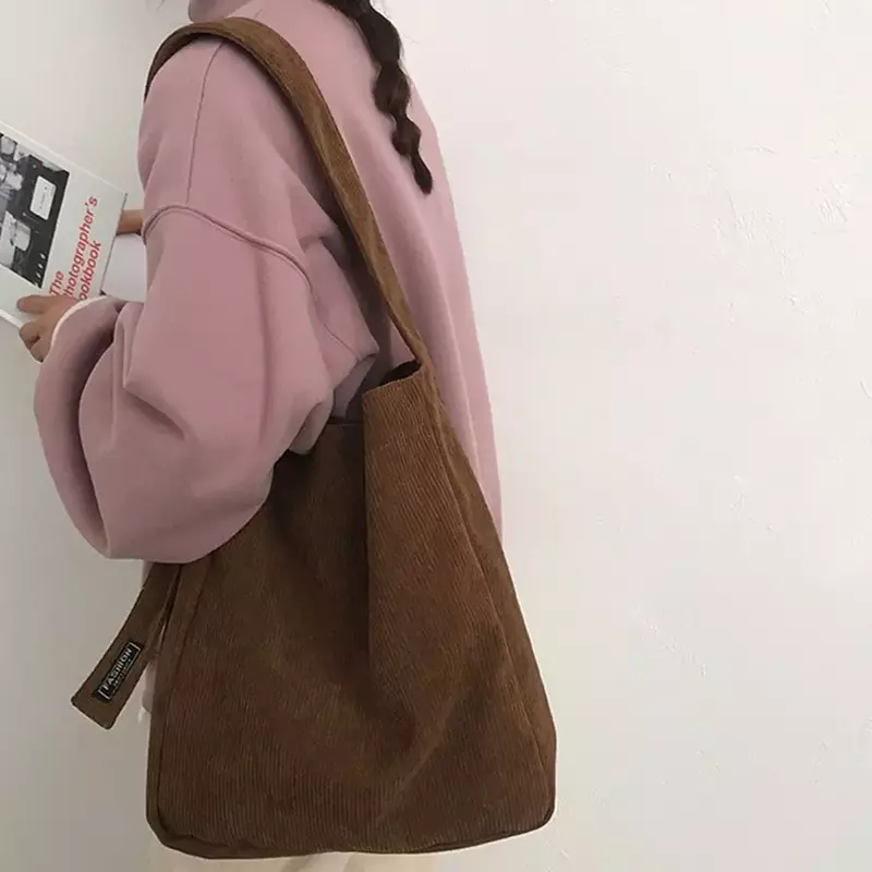 여성 코듀로이 숄더백, 부드러운 핸드백, 여아 학생 대용량 토트백, BV03 패션