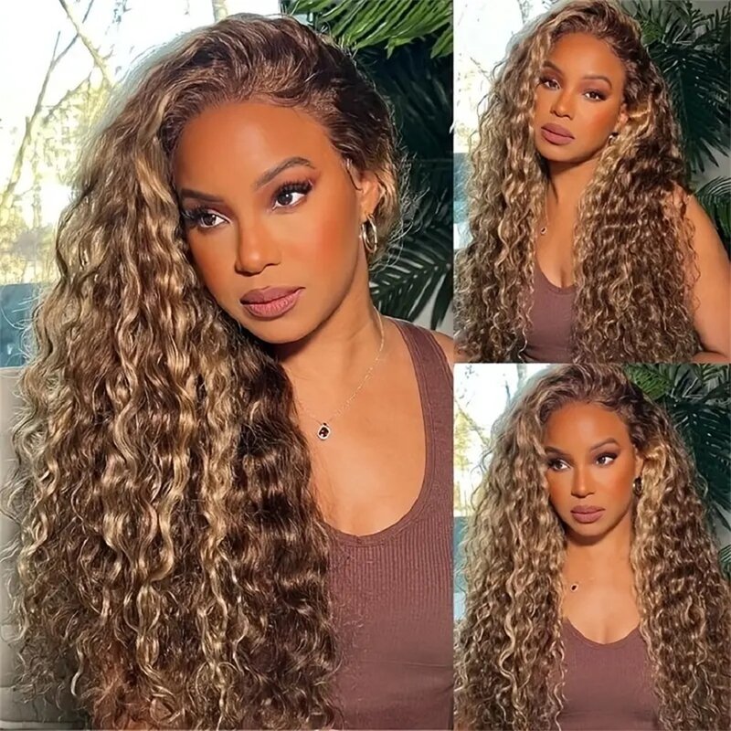 180% Density 4/27 Deep Wave Wig 13x4 Lace Frontal Wigs Human Hair Highlight Honey Blonde Colored Brown Curly Lace Wigs For Women