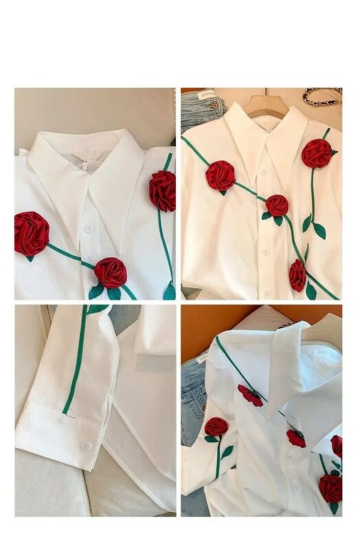 Blusa feminina manga comprida de botões, casual com tops soltos, design rosa 3D, elegante senhora do escritório, camisa chique, na moda, primavera, outono