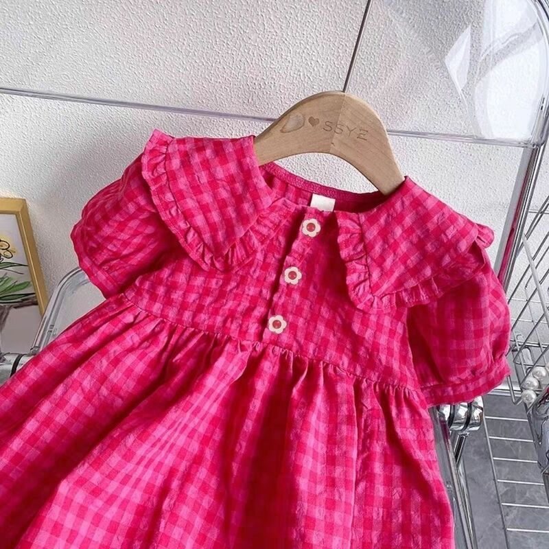 Robe de princesse à carreaux pour enfants, bébé fille, col beurre, manches courtes, nouvelle édition coréenne, été