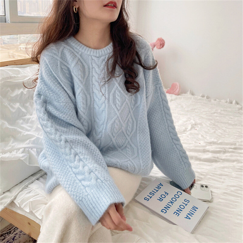 Japan South Korea Station Autumn Winter New Sweet And Gentle Style Round Neck Slim Long Sleeve Pullover Knitted Sweater