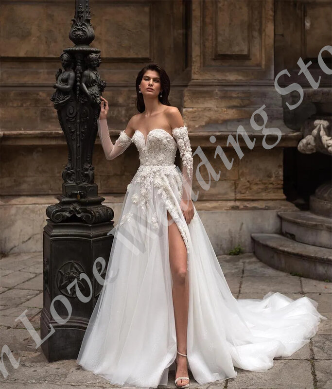 Gaun pernikahan pantai Vestido 2024 gaun pengantin baru A-Line Tulle applique bunga manik-manik lengan panjang lepas pasang leher Sweetheart
