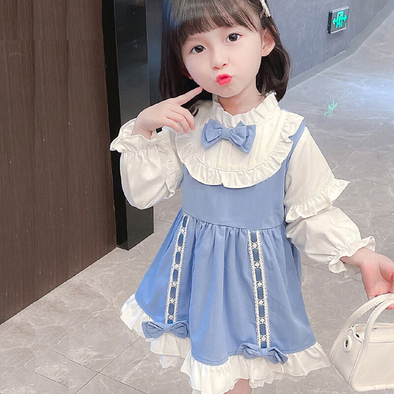 Vestido plisado con lazo azul para niña, falda de línea a, vestido de princesa para niña de 1 a 4 años, primavera y otoño