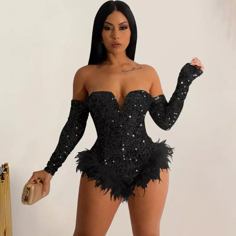 Women Strapless Body Suit Tops Club Rompers Party Nightclub Sexy Bodycon Corset Jumpsuits Silver Gold Sequin Feather Bodysuits