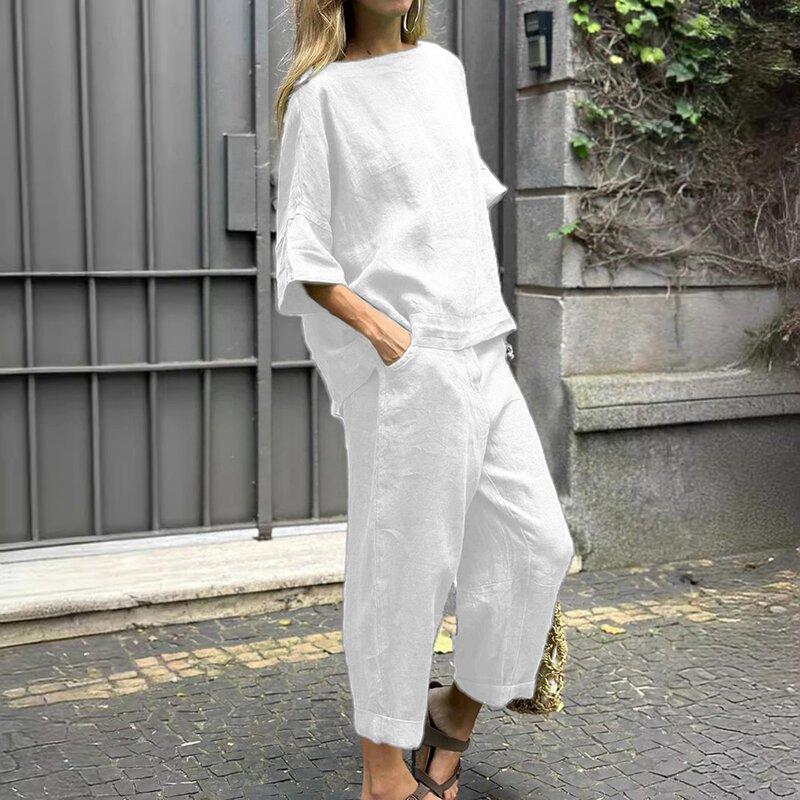 Summer Two Piece Casual Set 2024 Elegant Short Sleeve O-Neck Shirts Top&Pockets Pants Outfits Women New Solid Trousers Suit