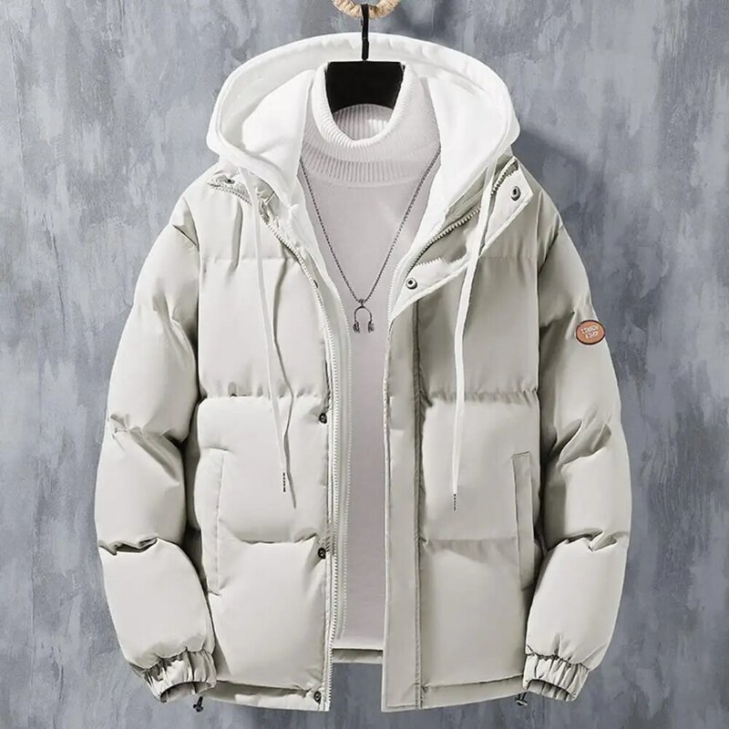Men Zippered Coat Trendy Fake Two-piece Design Coat Windproof Hooded Jackets for Men Thickened Cotton Outwear with Fake