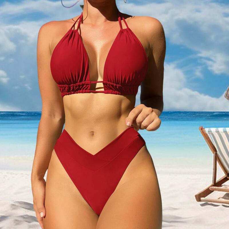 Sznurowane Bikini zestaw stylowy damski Bikini wysokie w talii stanik Halter Push up strój kąpielowy kostium kąpielowy w jednolitym kolorze