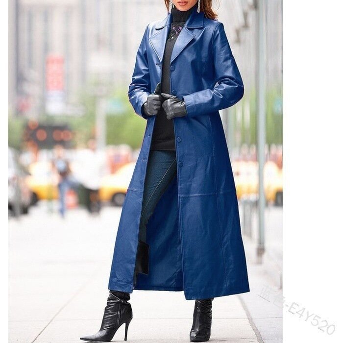 Donna elegante manica lunga Slim colletto con risvolto monopetto Pu ecopelle X-lungo Trench 2023 nero marrone blu giacca