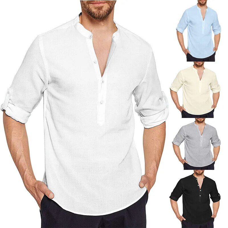 Nuove camicie di lino in cotone per uomo camicie Casual magliette da spiaggia Henley a maniche lunghe leggere magliette hawaiane per uomo