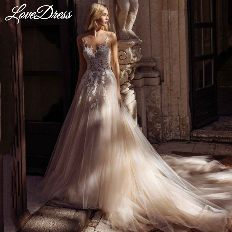 LoveDress – robe De mariée sans manches, col rond, Appliques en dentelle, Tulle, Illusion, dos nu, fermeture éclair, traine