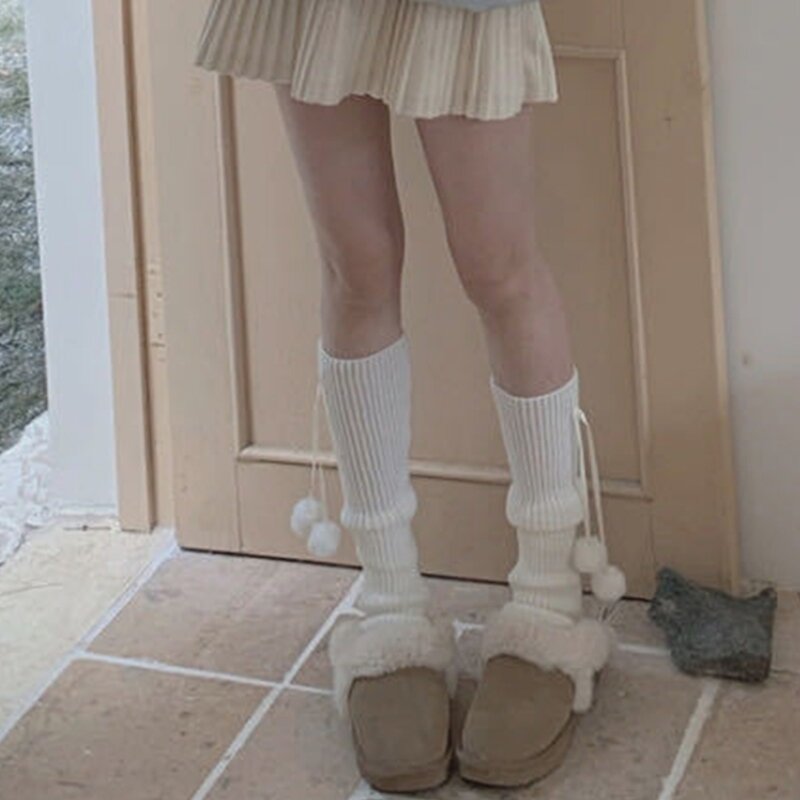 Women Plush Ball Leg Warmer Knit Long Leg Socks Warm Student Girls Boot Socks Dropship