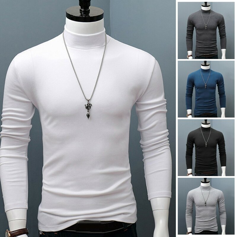 Kaus blus dasar polos leher tiruan pria, atasan pulover lengan panjang gaya luar ramping modis musim dingin