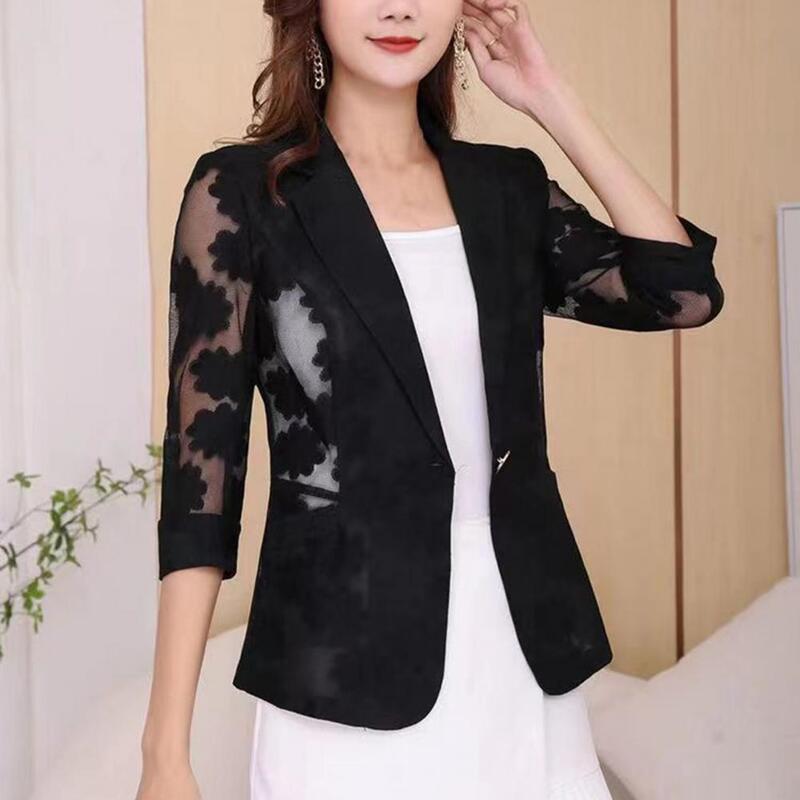 Women Thin Summer Lapel Small with 3/4 Sleeve See-through Flower Mesh Yarn Stitching Hollow Design One Button Closure for Women