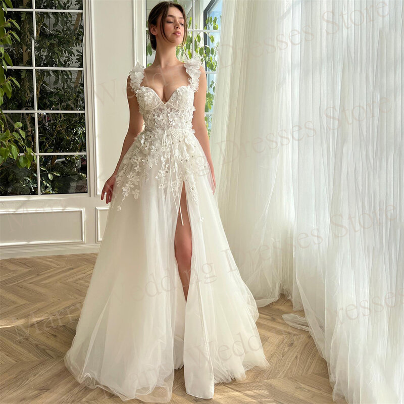 Luksusowe klasyczne damskie suknie ślubne z motywem linii nowoczesna, pełna wdzięku koronka 3D kwiaty suknia ślubna urocza wysoka rozszczepiona szata De Mariée