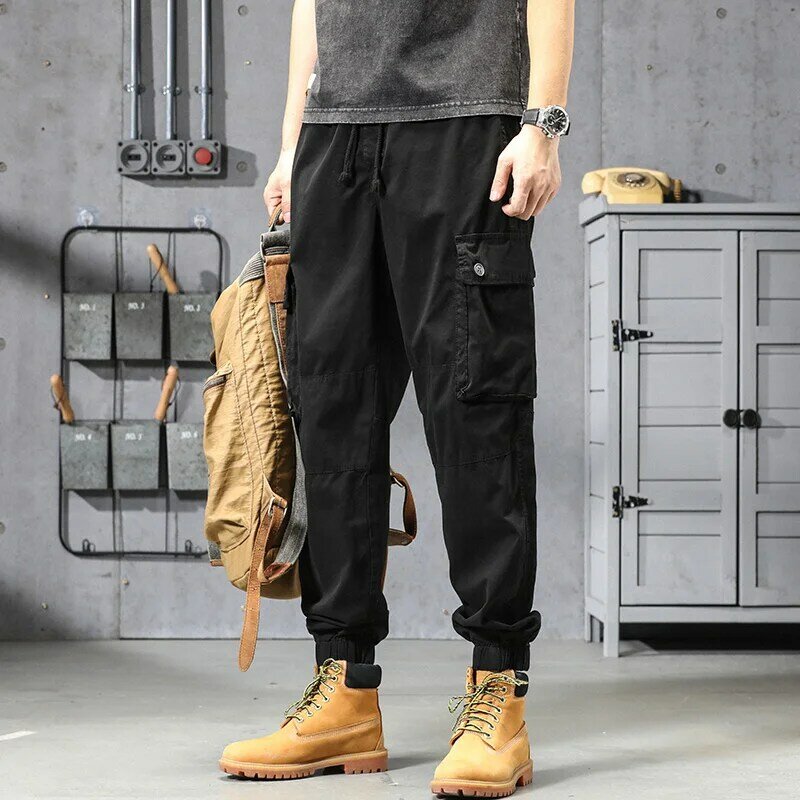 Pantalon cargo multi-poches pour hommes avec ceinture élastique, jogging droit, pantalon de survêtement en coton, streetwear de travail décontracté, fjwear