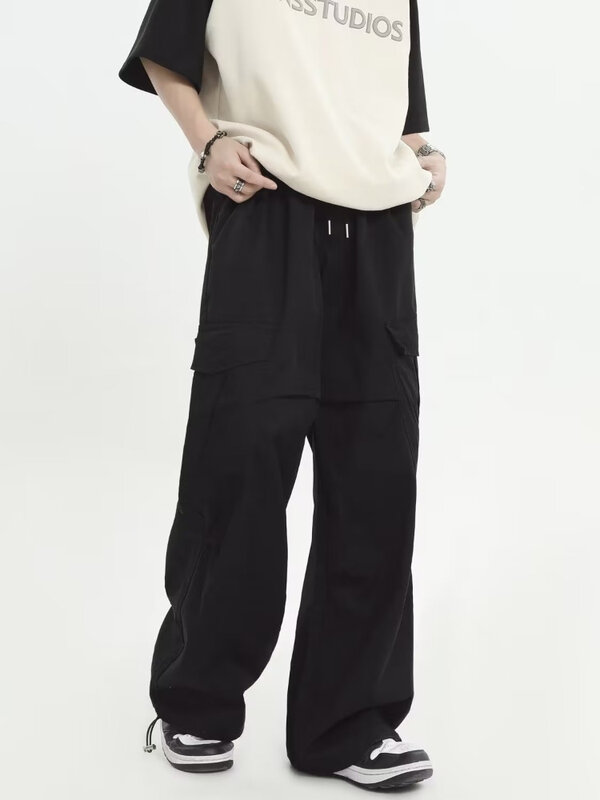Men Pants Solid Safari Style Pleated Large Pockets Baggy Streetwear Retro Simple American  New Fashion Work Out Trousers