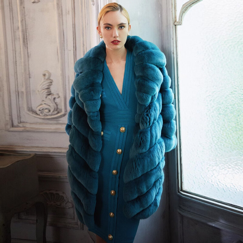 Women Natural Rex Rabbit Fur Coat Mid Length Lapel Real Fur Coat Women Luxury Chinchilla Fur Coat
