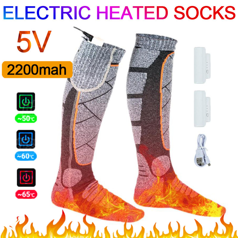 Kaus kaki termal elektrik 2200mah, stoking olahraga ski luar ruangan elastis hangat kaki 3 mode dapat diisi ulang