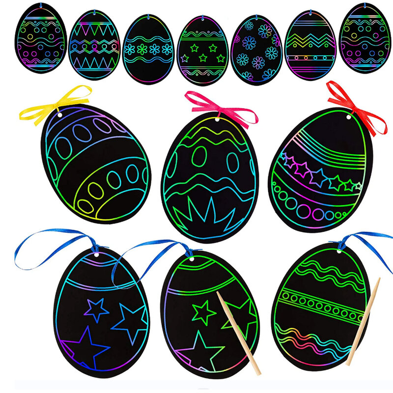 24PCS Crafts for Children Scratching Easter Egg Art Toys DIY Magic Color Ornaments Cute Easter Eggs Drawing Toys Decor Kid Party