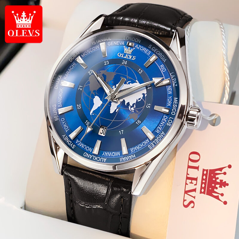OLEVS-Relógio de quartzo Blue Globe Dial homens luxo, marca de topo, relógio masculino, impermeável, calendário luminoso, relógio de pulso, novo