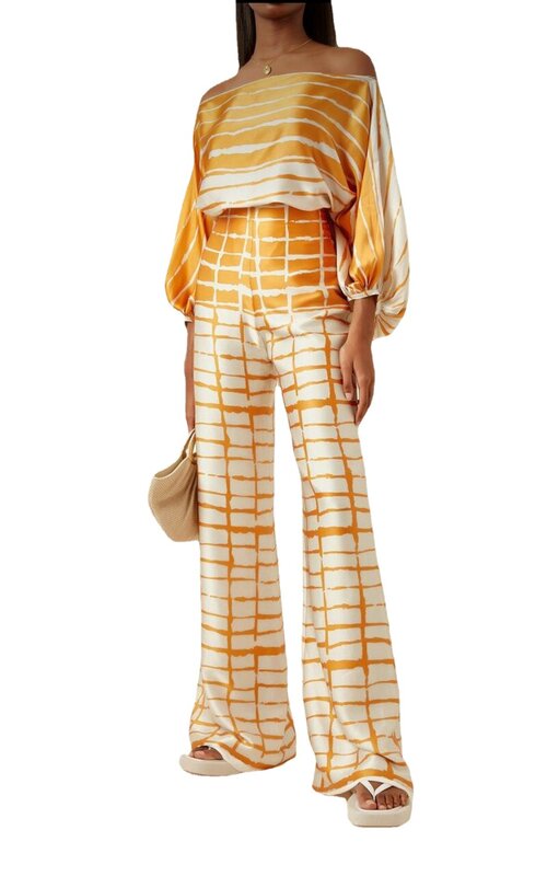 Fato feminino elegante na moda coreana, roupas de verão, gola fina, camisa estampada de manga comprida, tops, calças retas, conjunto 2 peças
