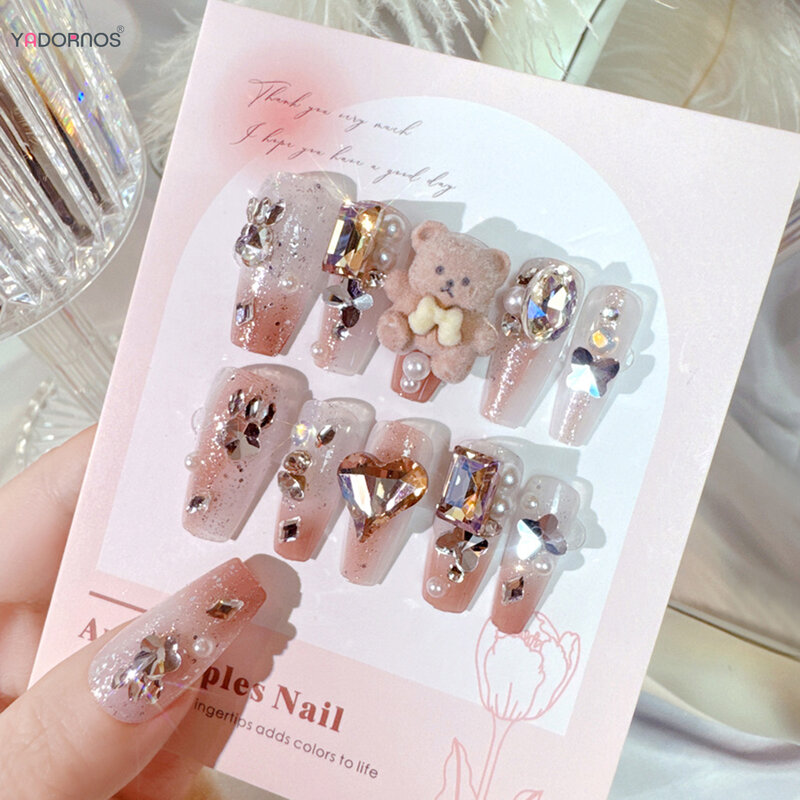 Long Coffin Press on Nails con Cartoon Bear strass progettato Glitter unghie finte suggerimenti per unghie finte riutilizzabili indossabili per ragazze