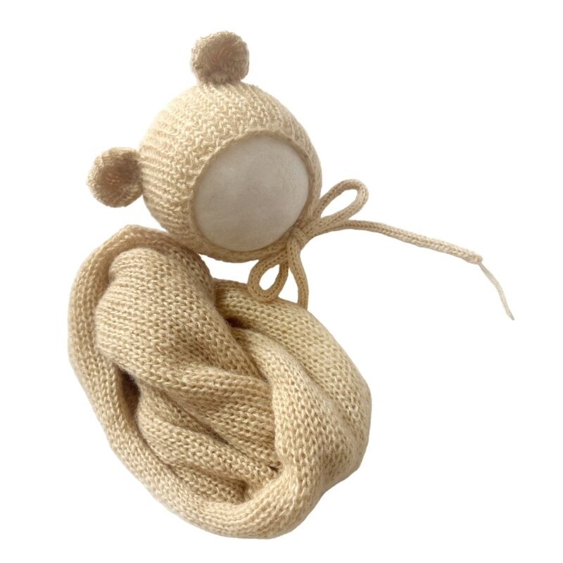 Newborns Mohair Wrap & Hat Set Must Get Knit Wrap with Hat Bear themed Outfit QX2D