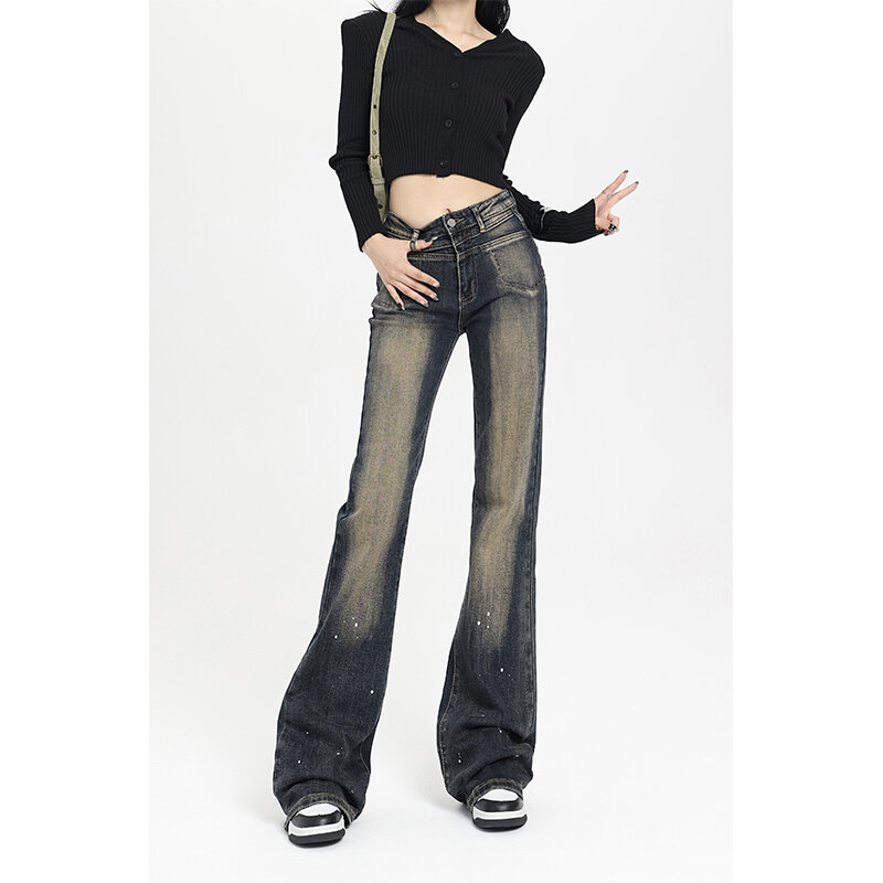 Calça jeans feminina de cintura alta, calça jeans folgada, calça hippie retrô feminina, moda de rua vintage, grunge, moda Y2K