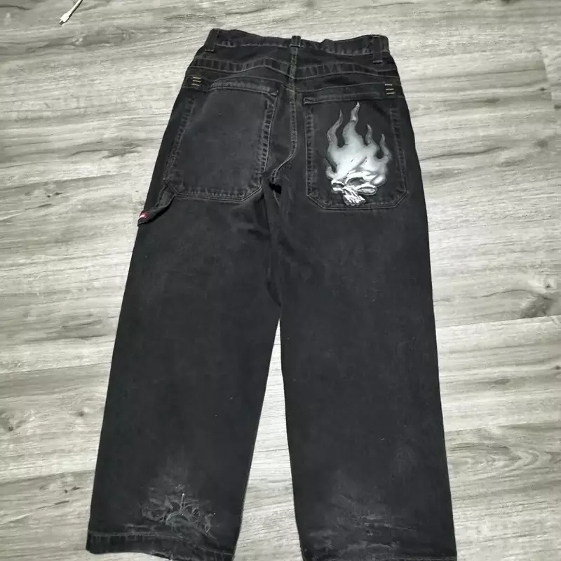 Harajuku Hip Hop Retro Skull Streetwear JNCO Jeans Y2K Mens Graphic Baggy Jeans Black Pants Punk Rock Gothic Wide Leg Trousers