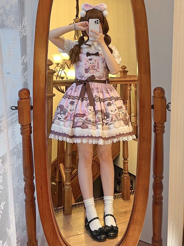 Vestido vitoriano Sweet Lolita JSK para meninas, suspensórios de festa kawaii, desenhos animados com urso macio, bonito vestido estampado, japonês, verão