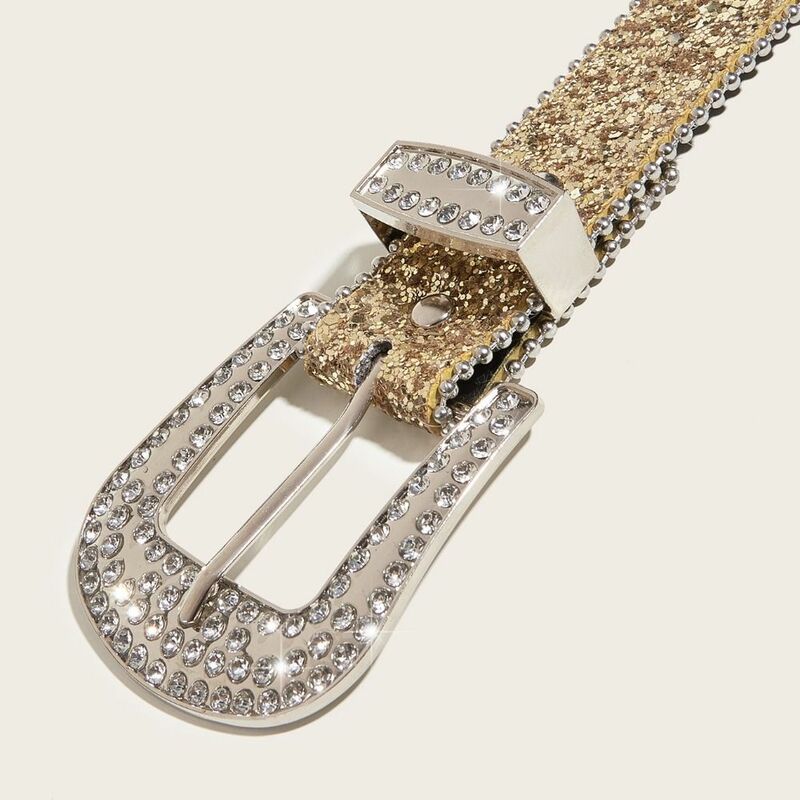 Cinturón de cuero PU con tachuelas para mujer, cinturón con diamantes de imitación de cristal ostentoso, pretina de vaquera con purpurina