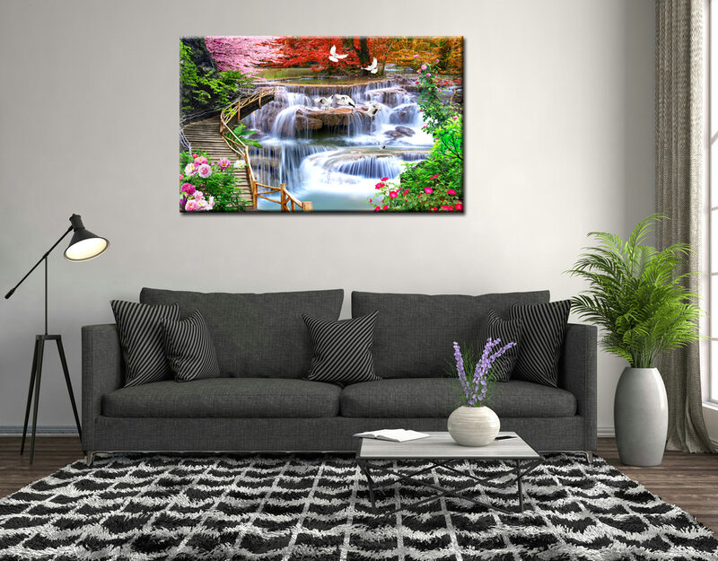 Wall Art Forest Waterfall Landscape Nature Flowers Canvas Print HD Painting Picture Living Room Home Decor HYS2015