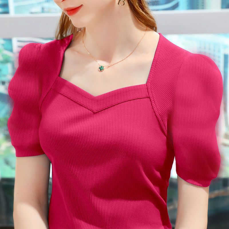 Pulover wanita lengan pendek, atasan kaus lengan pendek rajut modis Korea warna polos Panel leher persegi Musim Panas 2024